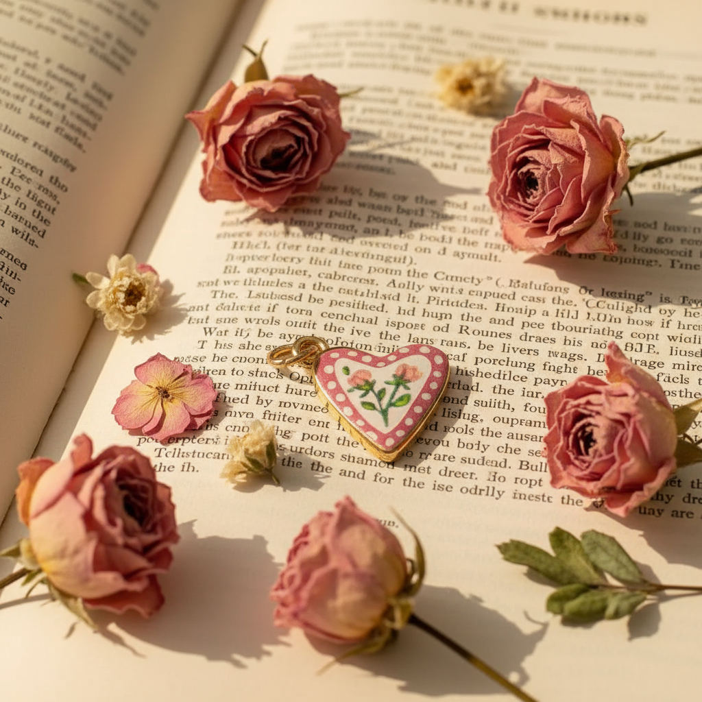 Polka dot heart rose charm - vintage book