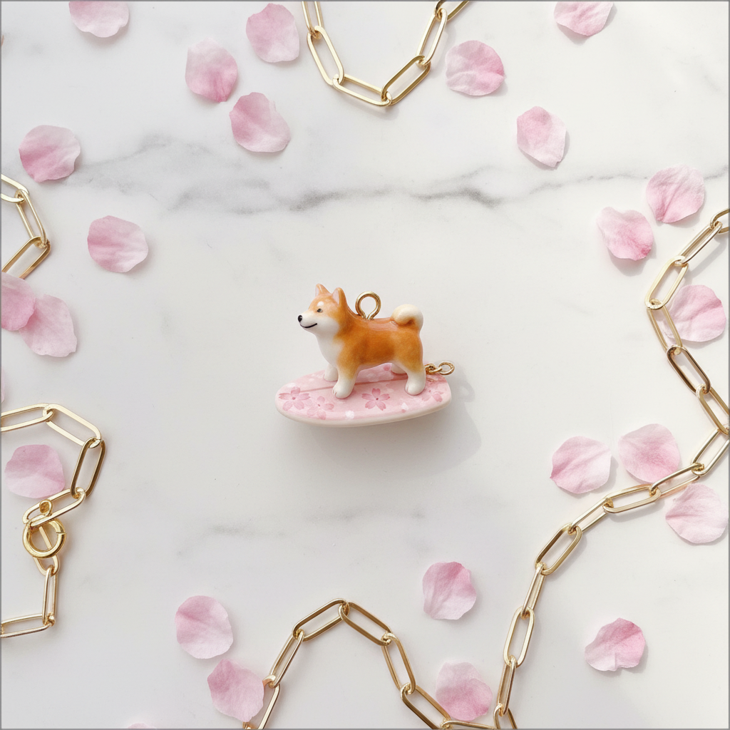 Shiba Inu Charm - Marble Sakura Flatlay