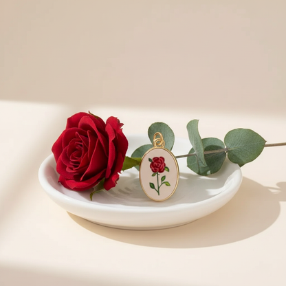 Single red rose oval charm - ceramic dish