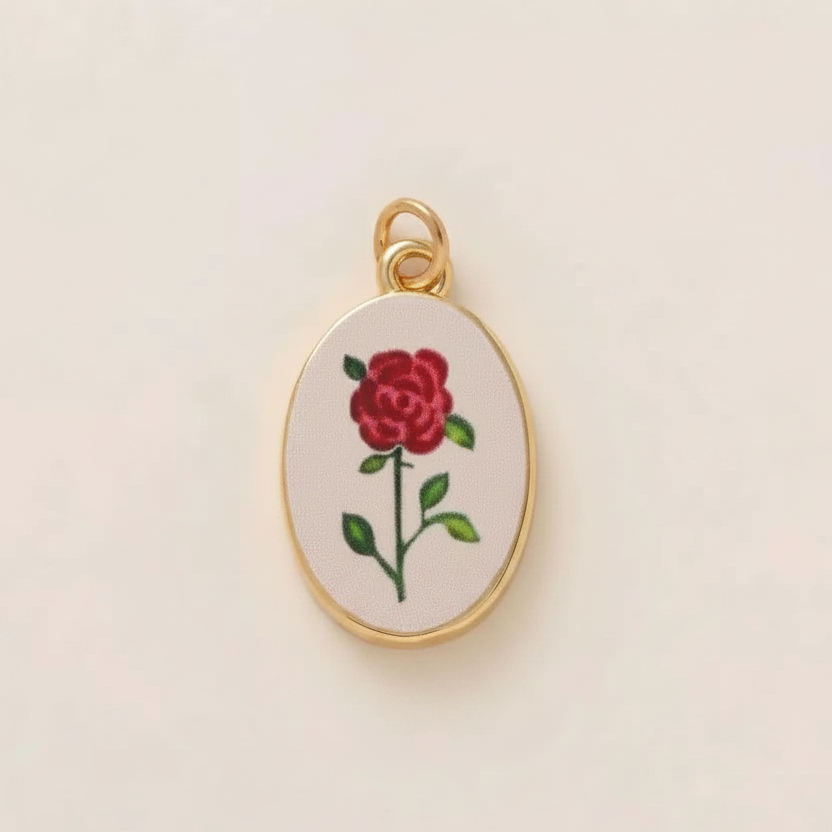Single red rose oval charm - cream background