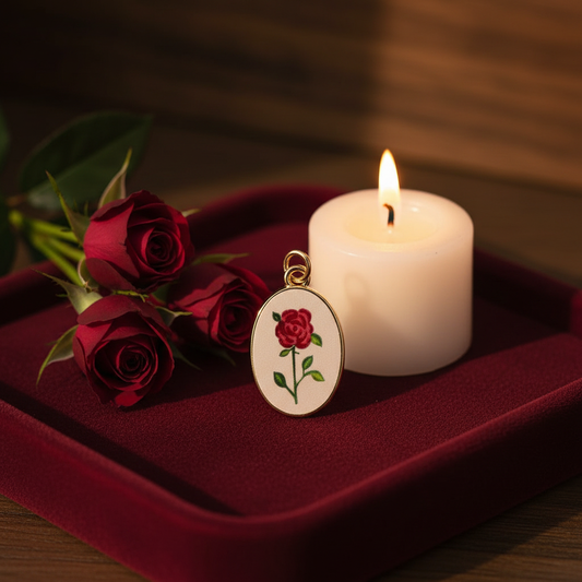 Single red rose oval charm - velvet tray candle