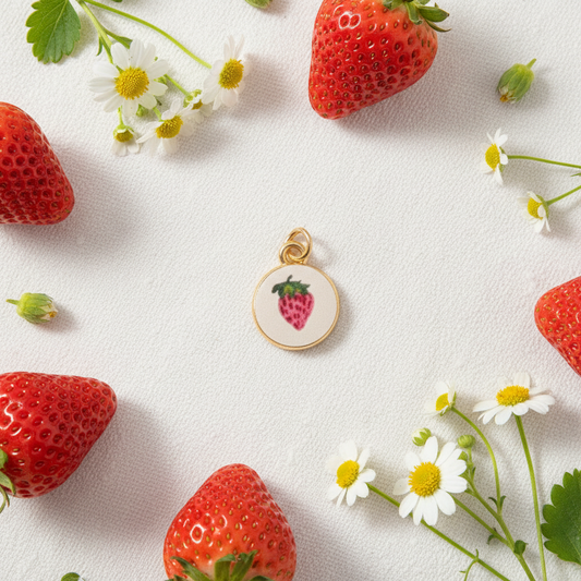 Strawberry round charm - linen flat lay