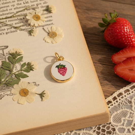 Strawberry round charm - vintage book