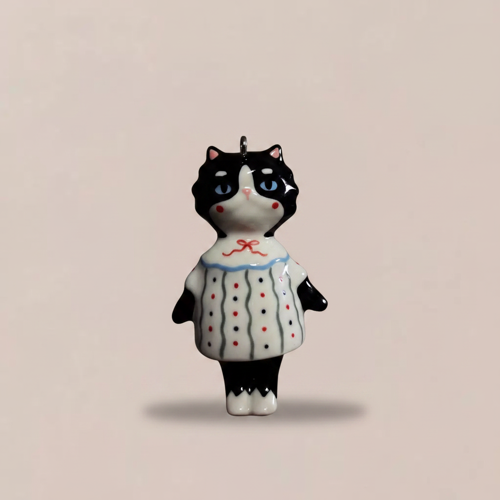 Tuxedo Polka Dot Cat - Beige Background