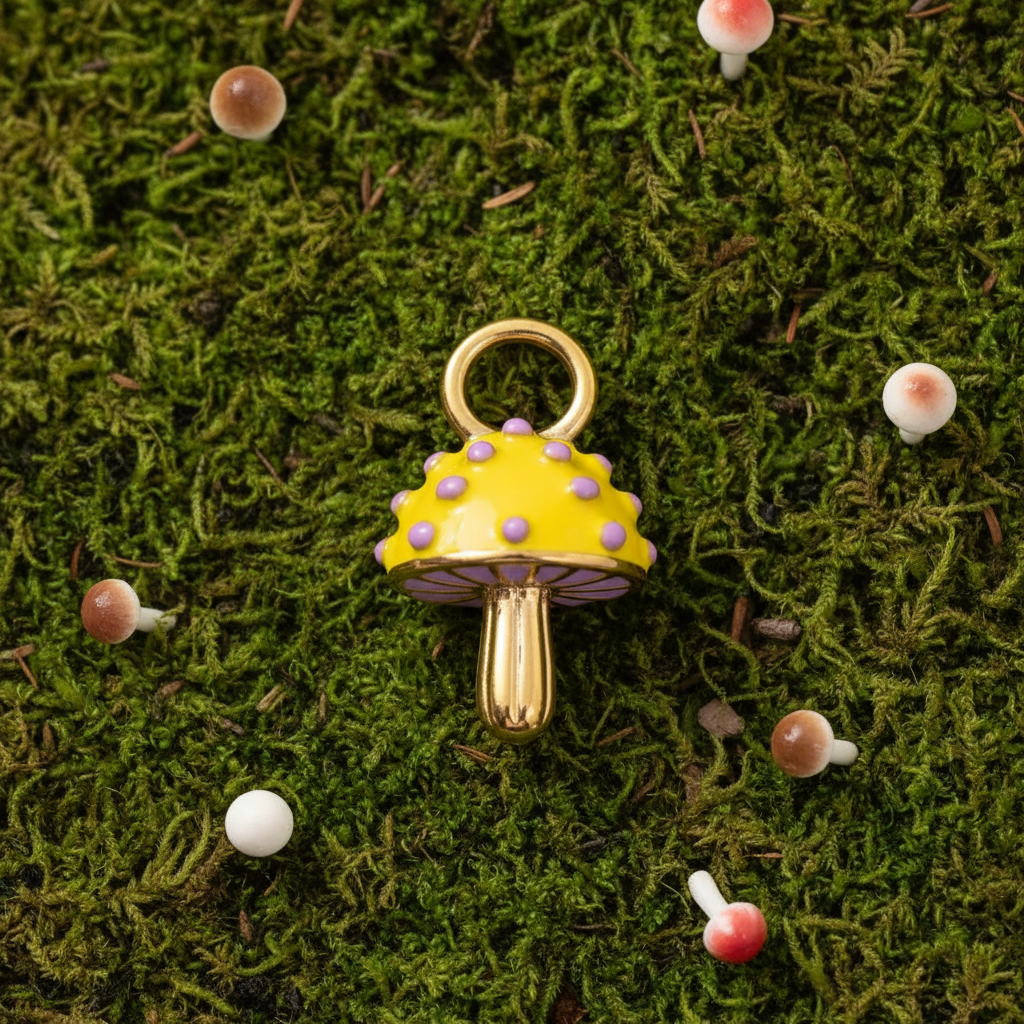 Yellow Mushroom Charm - Cottagecore Moss